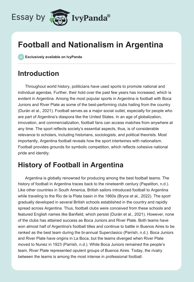Football and Nationalism in Argentina - 1430 Words | Essay Example