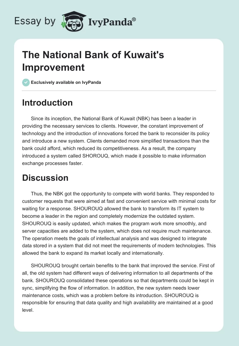 The National Bank of Kuwait's Improvement. Page 1