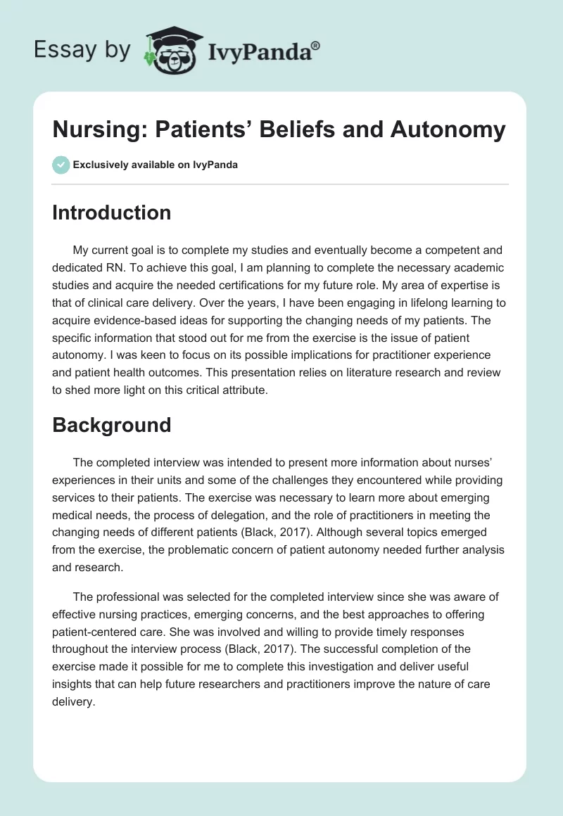 Nursing: Patients’ Beliefs and Autonomy. Page 1