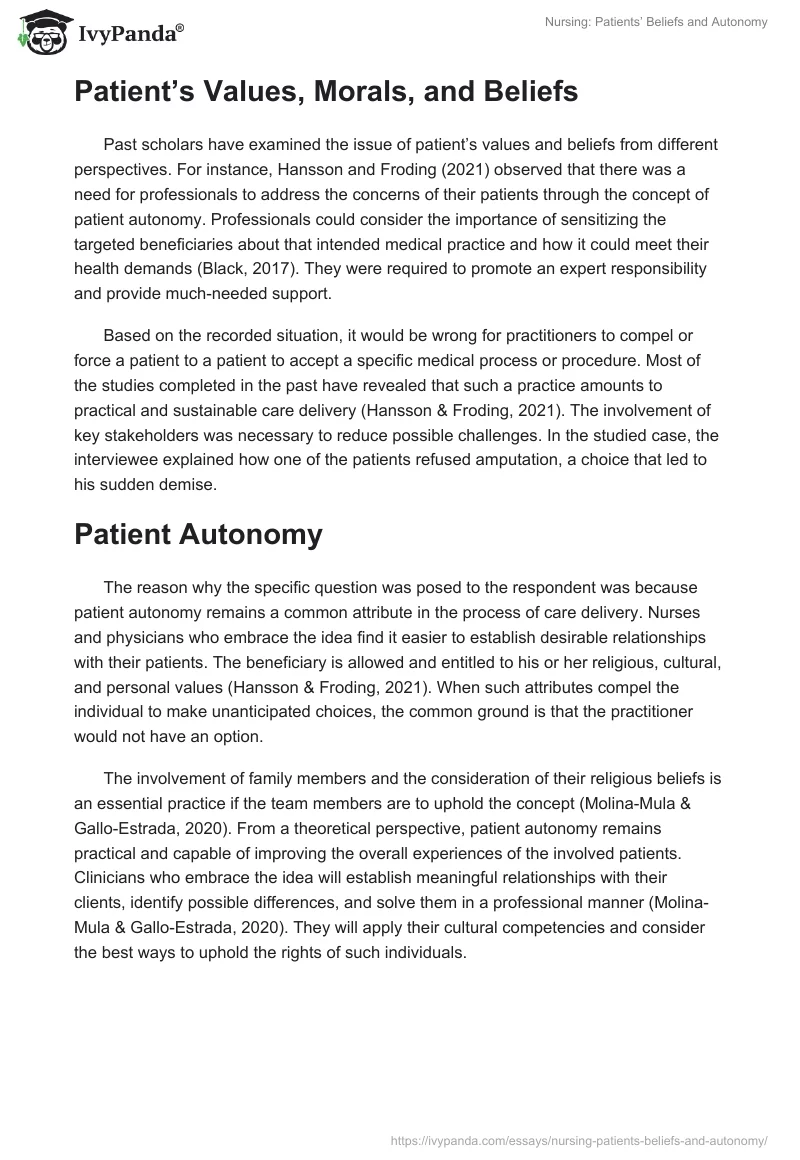 Nursing: Patients’ Beliefs and Autonomy. Page 2