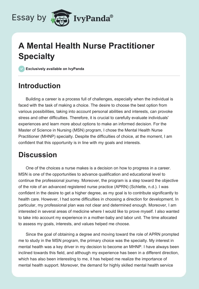 A Mental Health Nurse Practitioner Specialty. Page 1