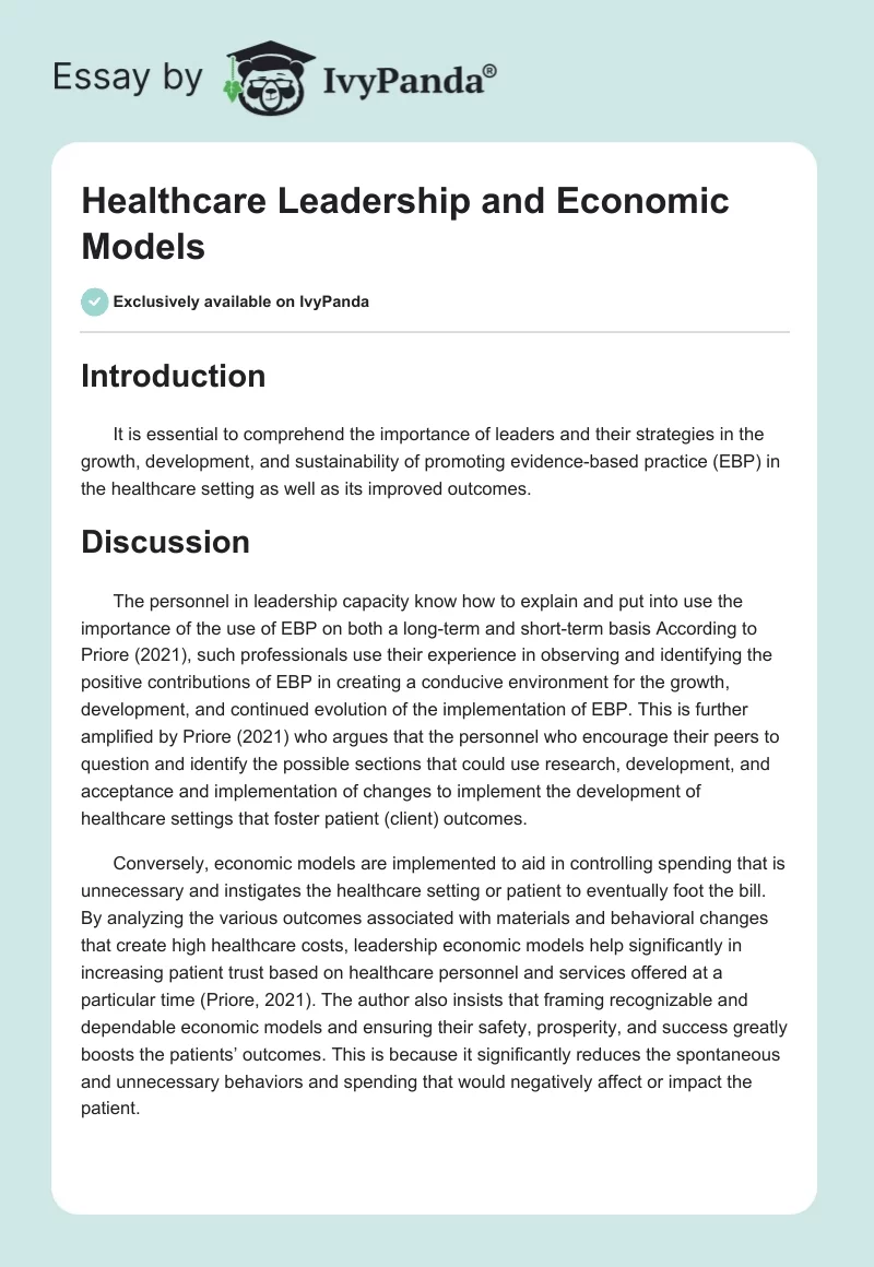Healthcare Leadership and Economic Models. Page 1