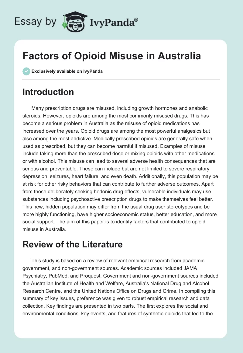 Factors of Opioid Misuse in Australia. Page 1