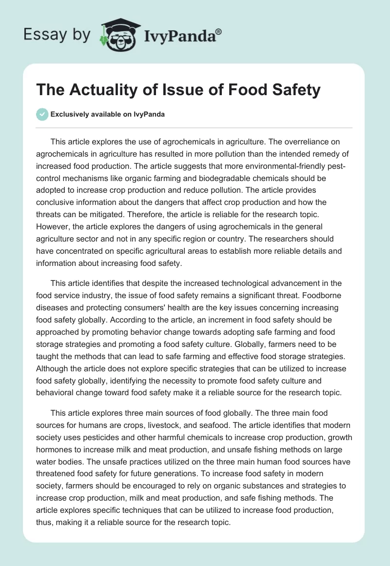 The Actuality of Issue of Food Safety. Page 1