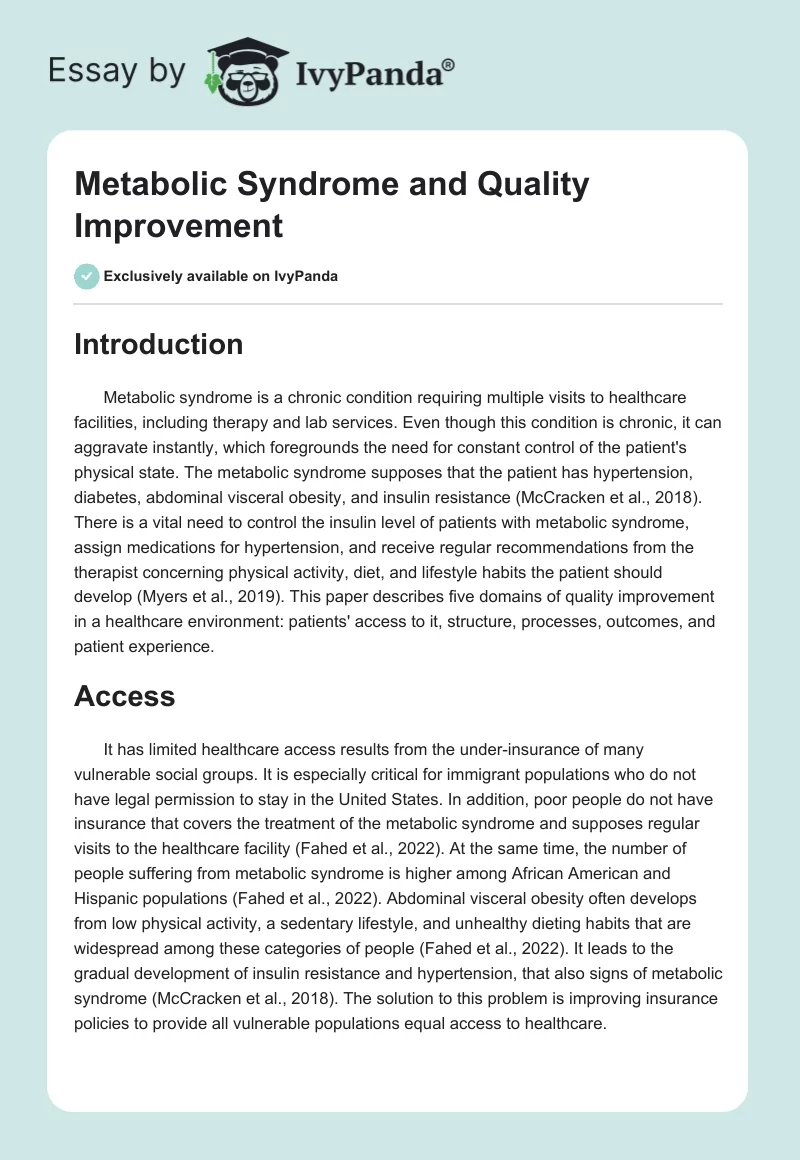 Metabolic Syndrome and Quality Improvement. Page 1