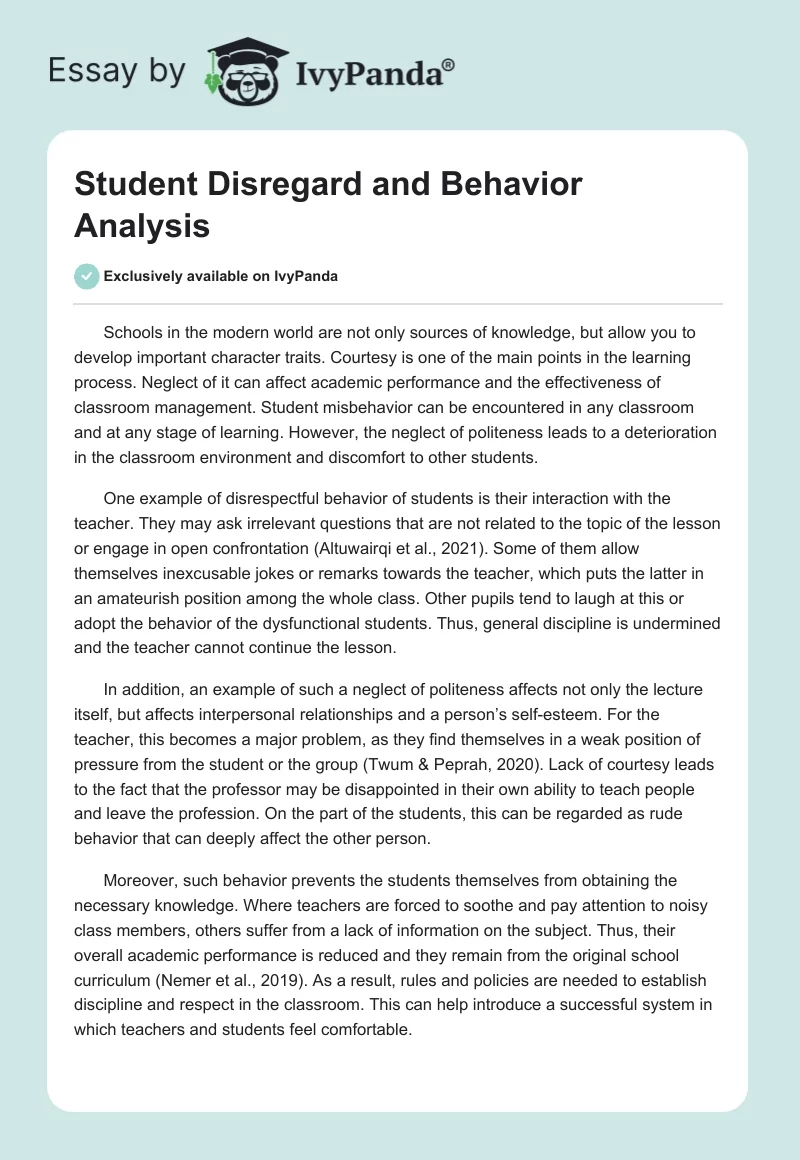 Student Disregard and Behavior Analysis. Page 1