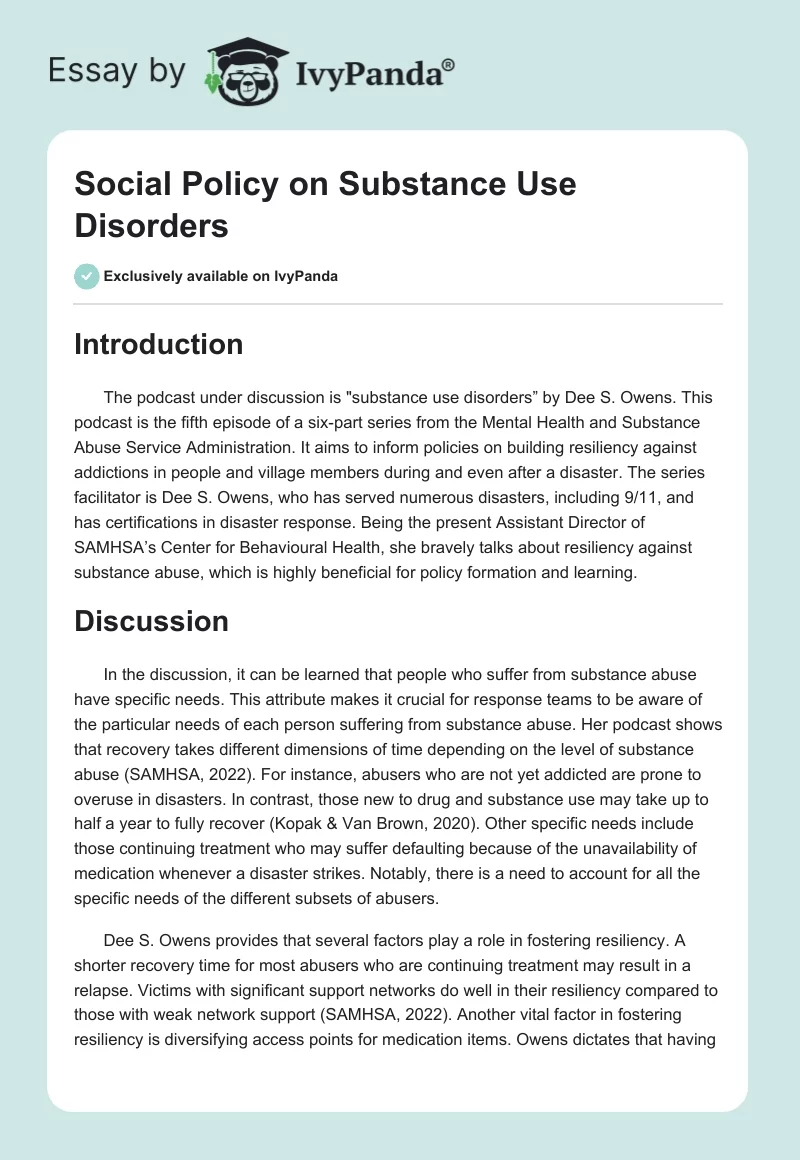 Social Policy on Substance Use Disorders. Page 1