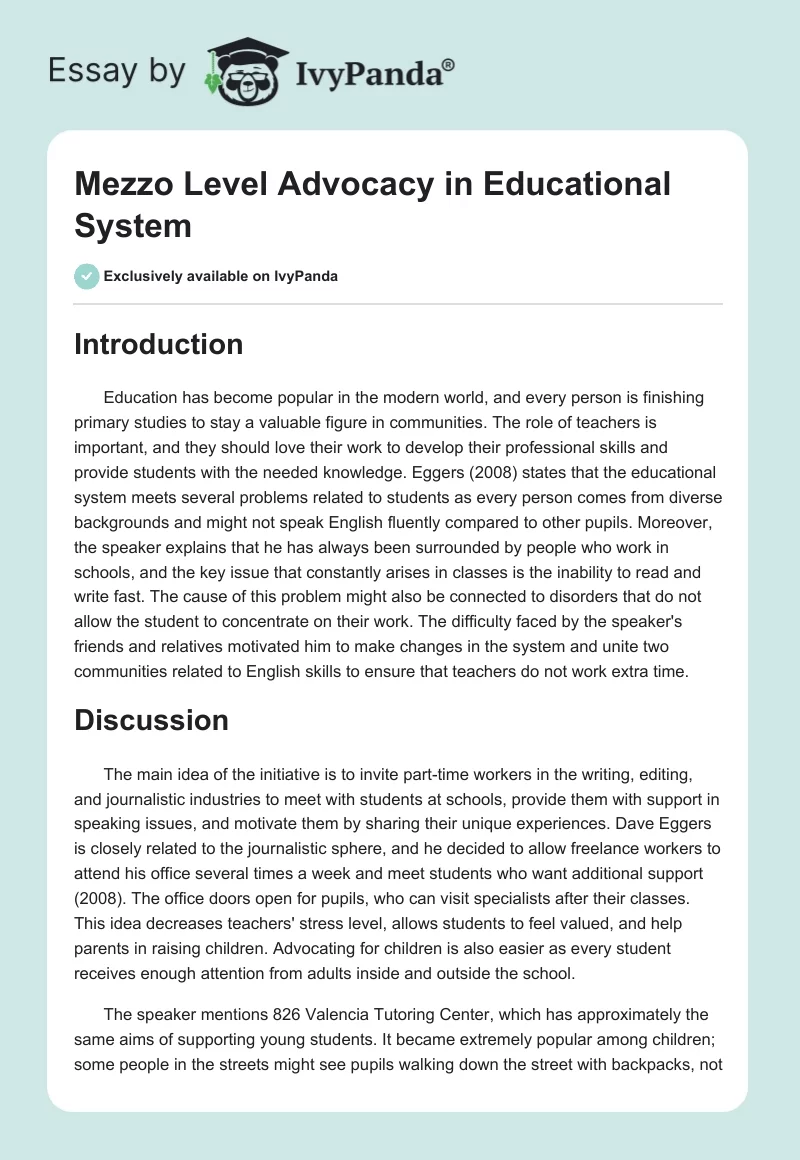 Mezzo Level Advocacy in Educational System. Page 1