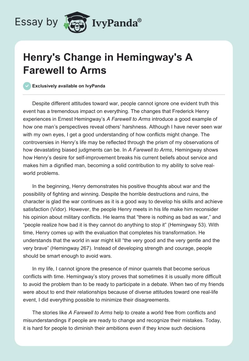 Henry's Change in Hemingway's "A Farewell to Arms". Page 1