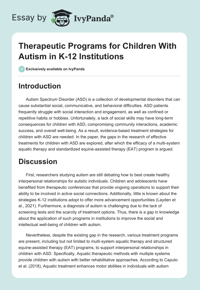 Therapeutic Programs for Children With Autism in K-12 Institutions. Page 1