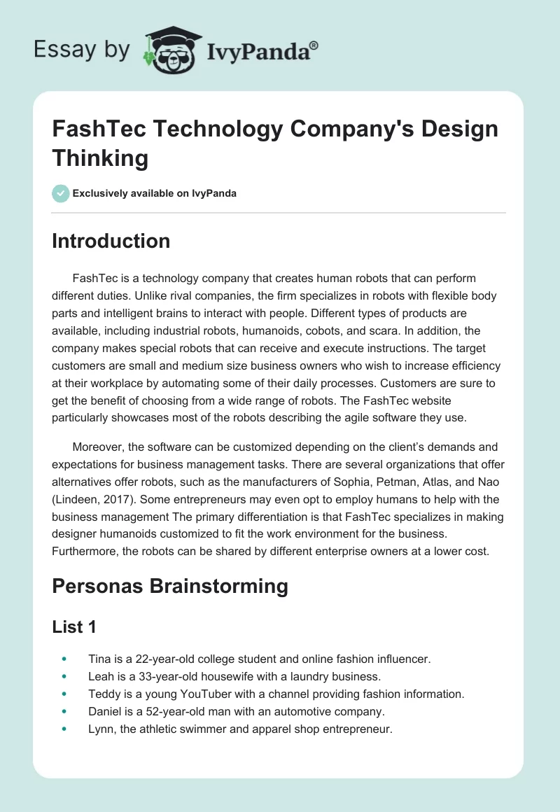 FashTec Technology Company's Design Thinking. Page 1