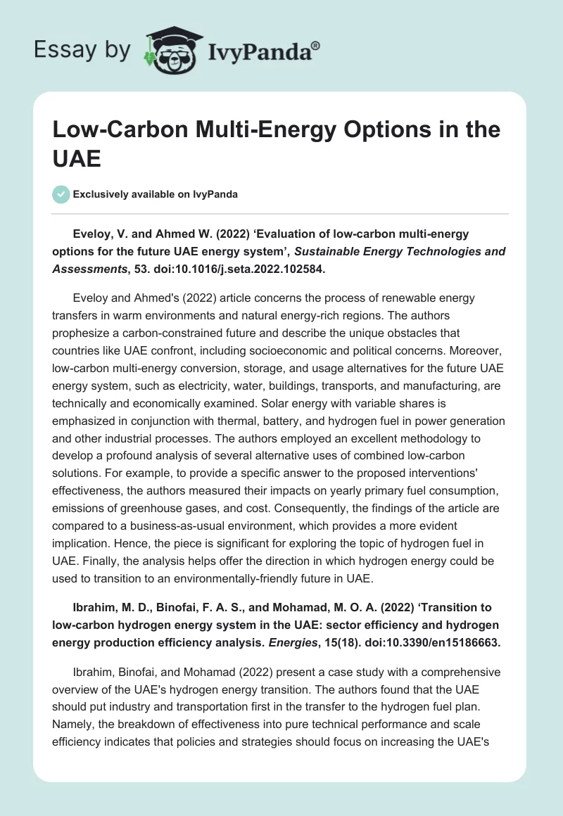 Low-Carbon Multi-Energy Options in the UAE. Page 1