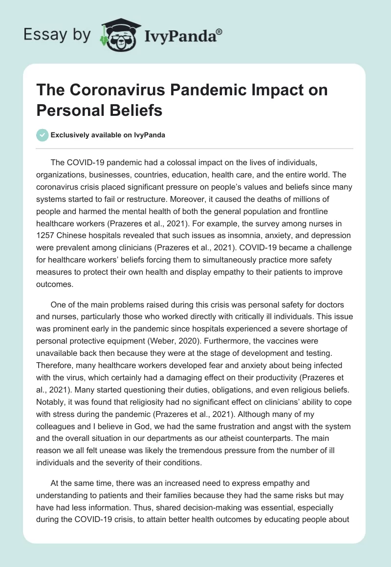 The Coronavirus Pandemic Impact on Personal Beliefs. Page 1