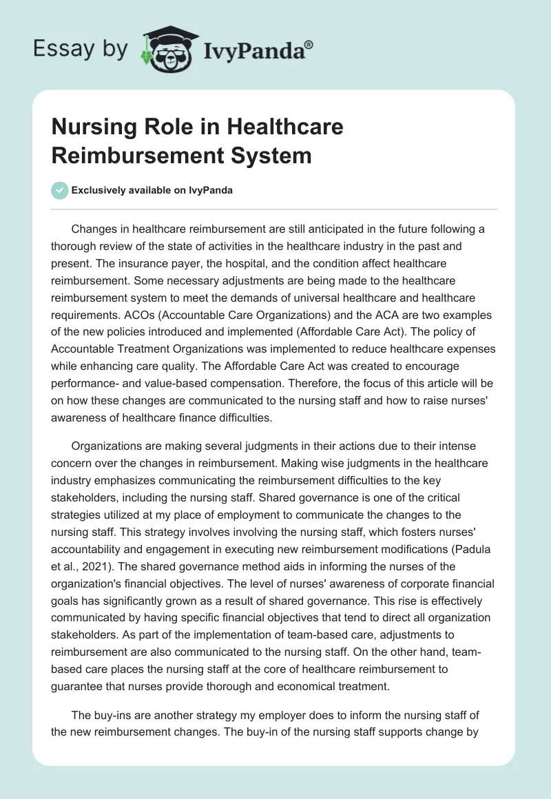 Nursing Role in Healthcare Reimbursement System. Page 1