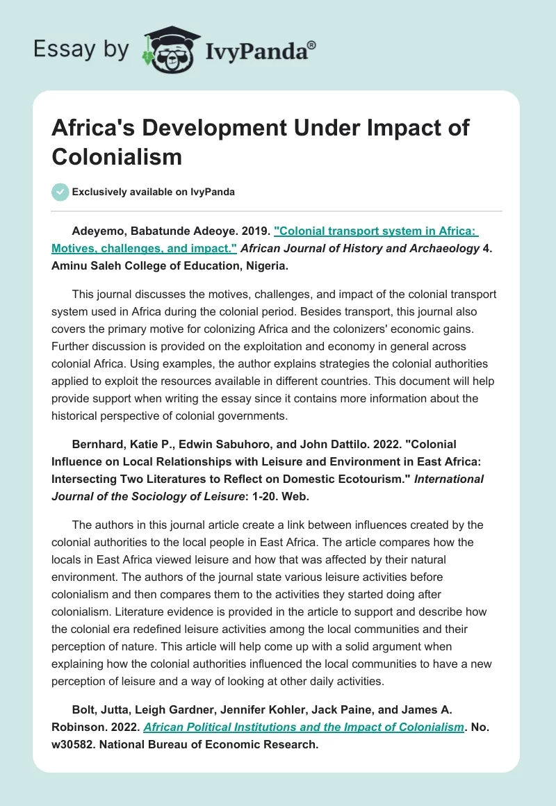 Africa's Development Under Impact of Colonialism. Page 1