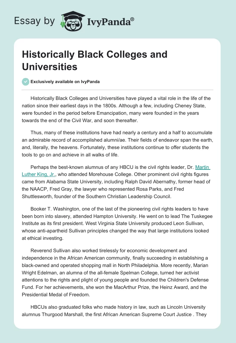 Historically Black Colleges and Universities. Page 1