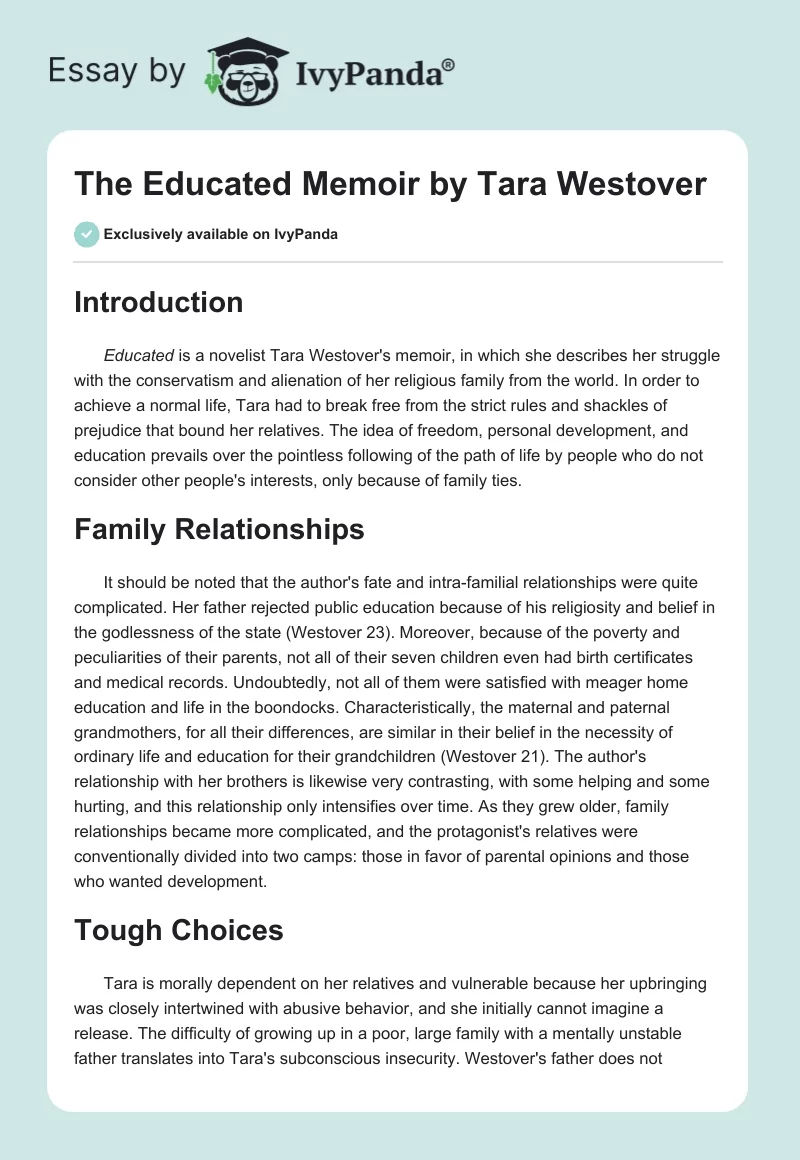 The "Educated" Memoir by Tara Westover. Page 1