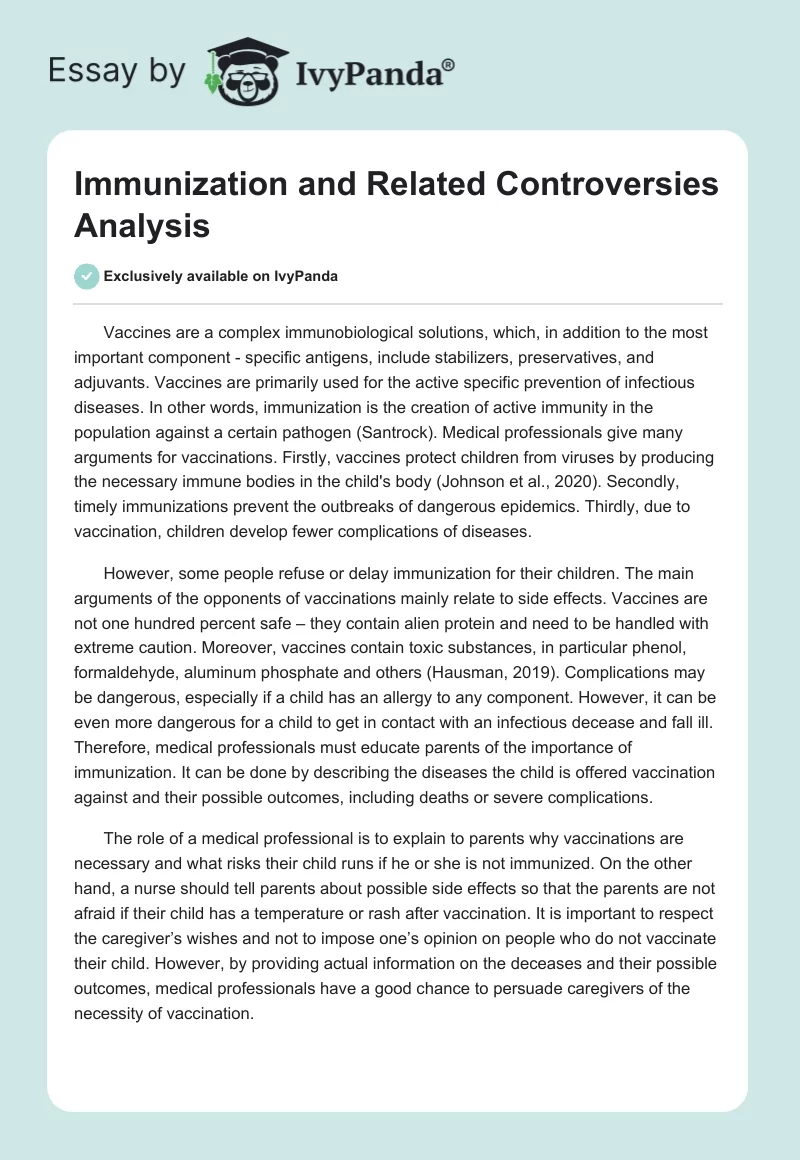 Immunization and Related Controversies Analysis. Page 1
