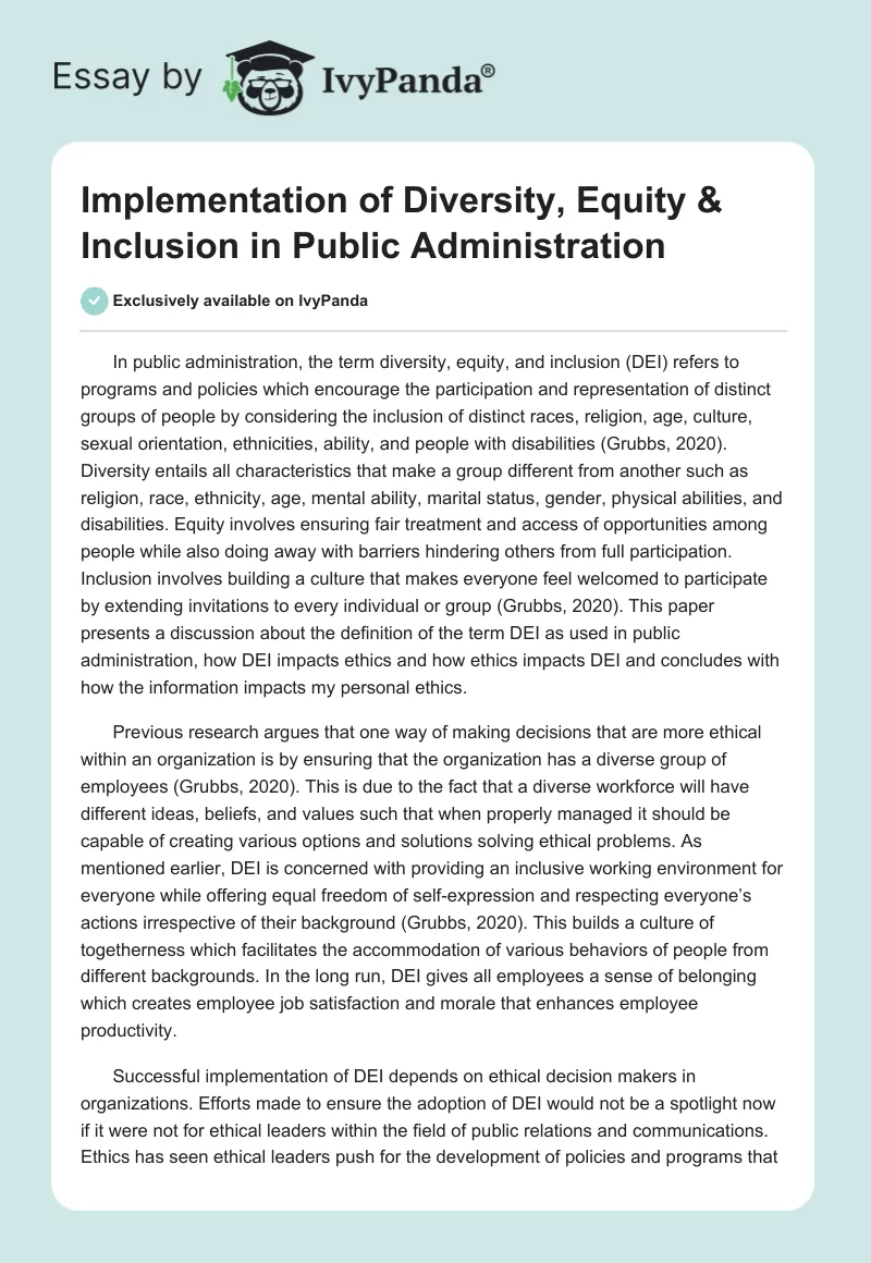 Implementation of Diversity, Equity & Inclusion in Public Administration. Page 1