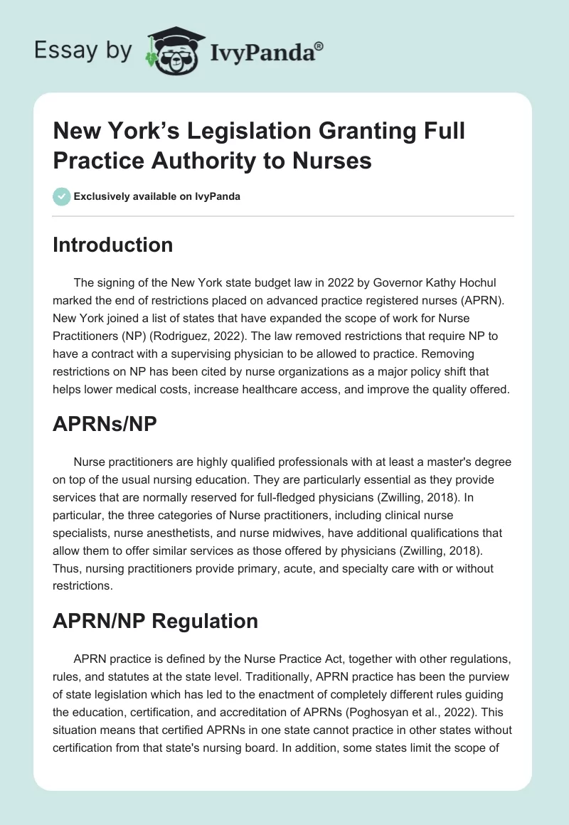 New York’s Legislation Granting Full Practice Authority to Nurses. Page 1