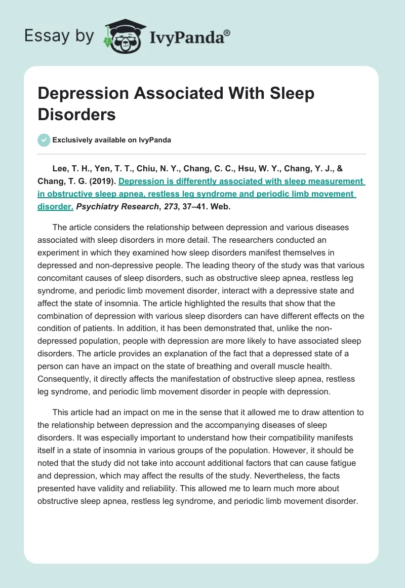 Depression Associated With Sleep Disorders. Page 1