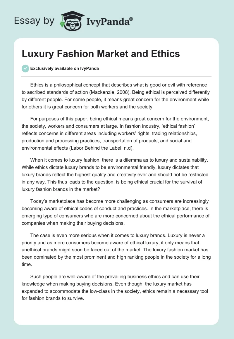 Luxury Fashion Market and Ethics. Page 1