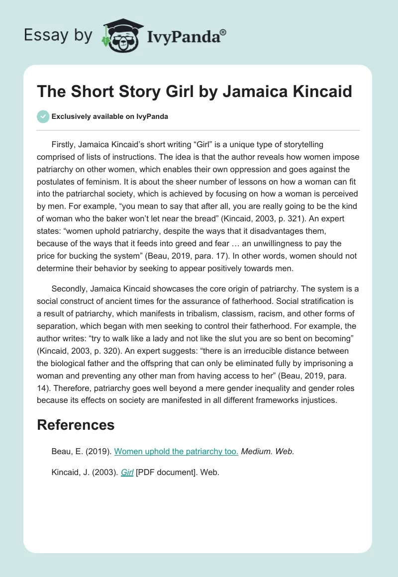 The Short Story Girl By Jamaica Kincaid 299 Words Research Paper Example