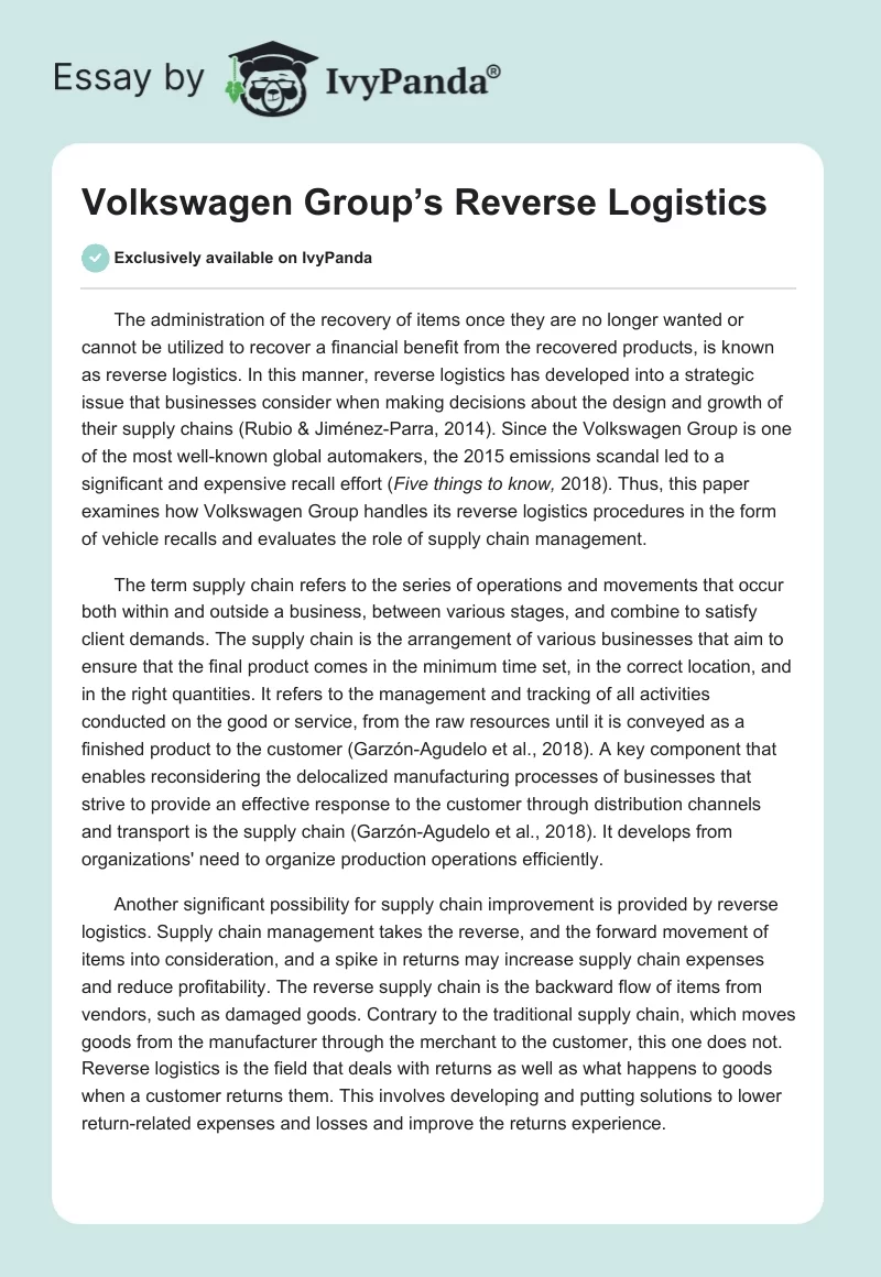 Volkswagen Group’s Reverse Logistics. Page 1
