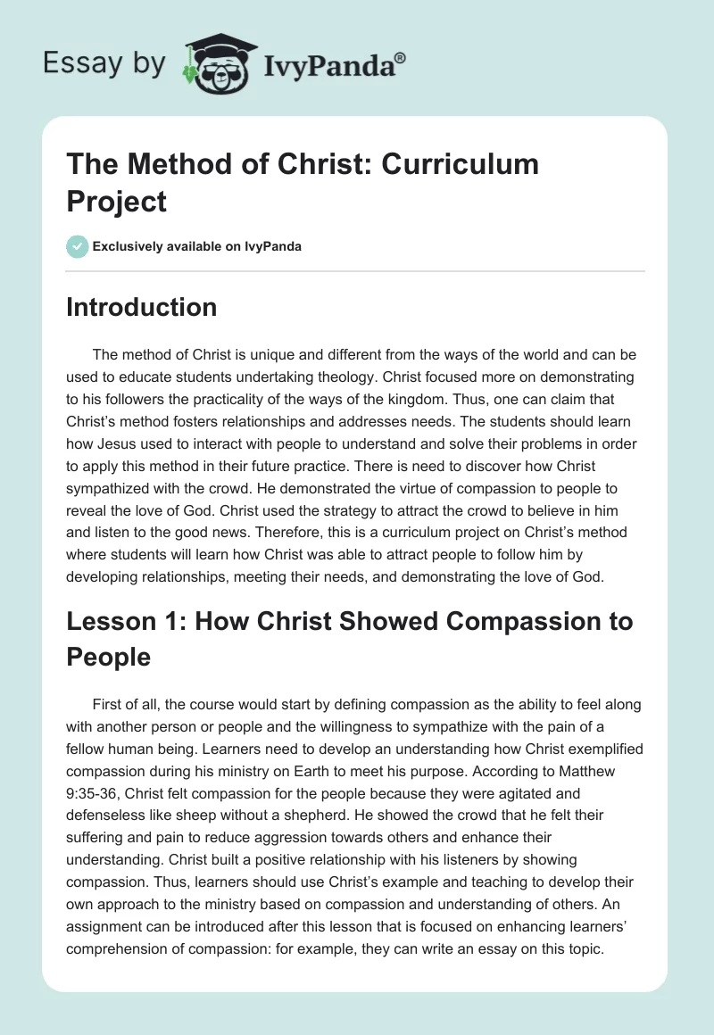 The Method of Christ: Curriculum Project. Page 1