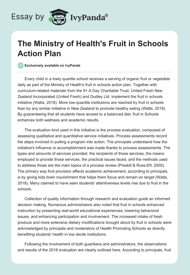 The Ministry of Health’s Fruit in Schools Action Plan. Page 1