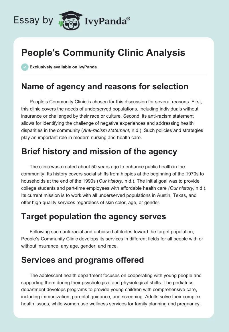 People's Community Clinic Analysis. Page 1