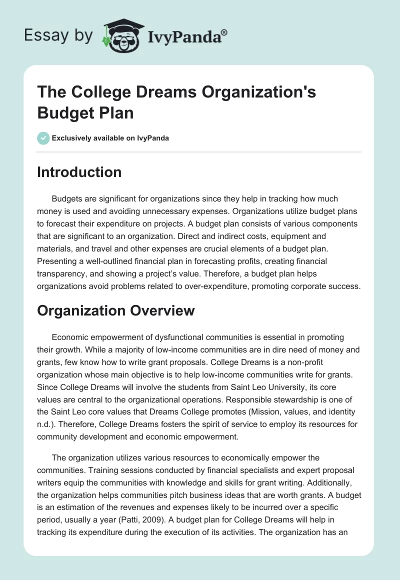 The College Dreams Organization's Budget Plan. Page 1
