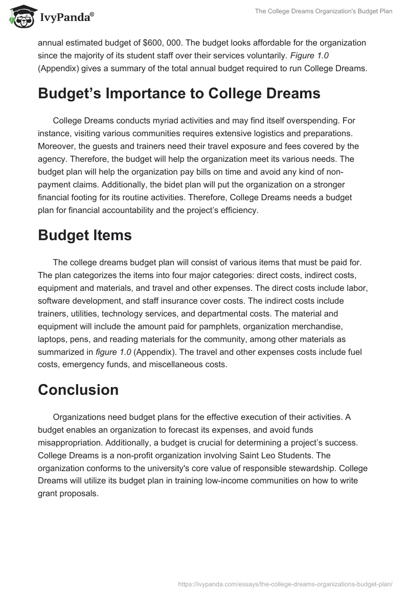 The College Dreams Organization's Budget Plan. Page 2