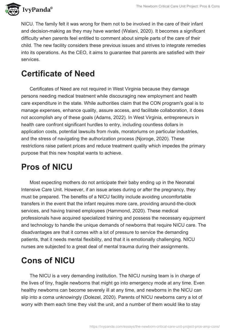 The Newborn Critical Care Unit Project: Pros & Cons. Page 4