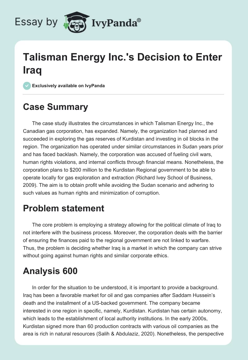 Talisman Energy Inc.'s Decision to Enter Iraq. Page 1