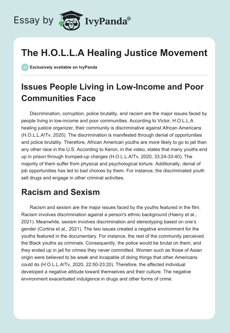 The H.O.L.L.A Healing Justice Movement. Page 1
