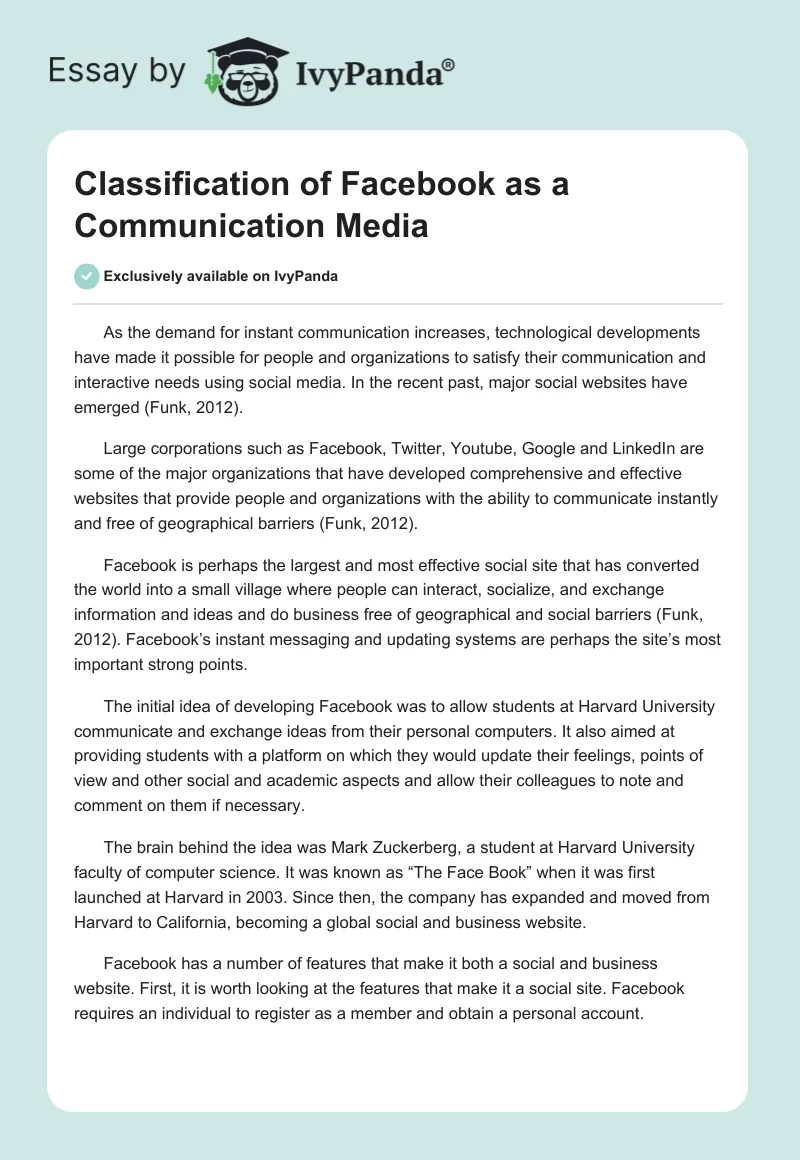 Classification of Facebook as a Communication Media. Page 1