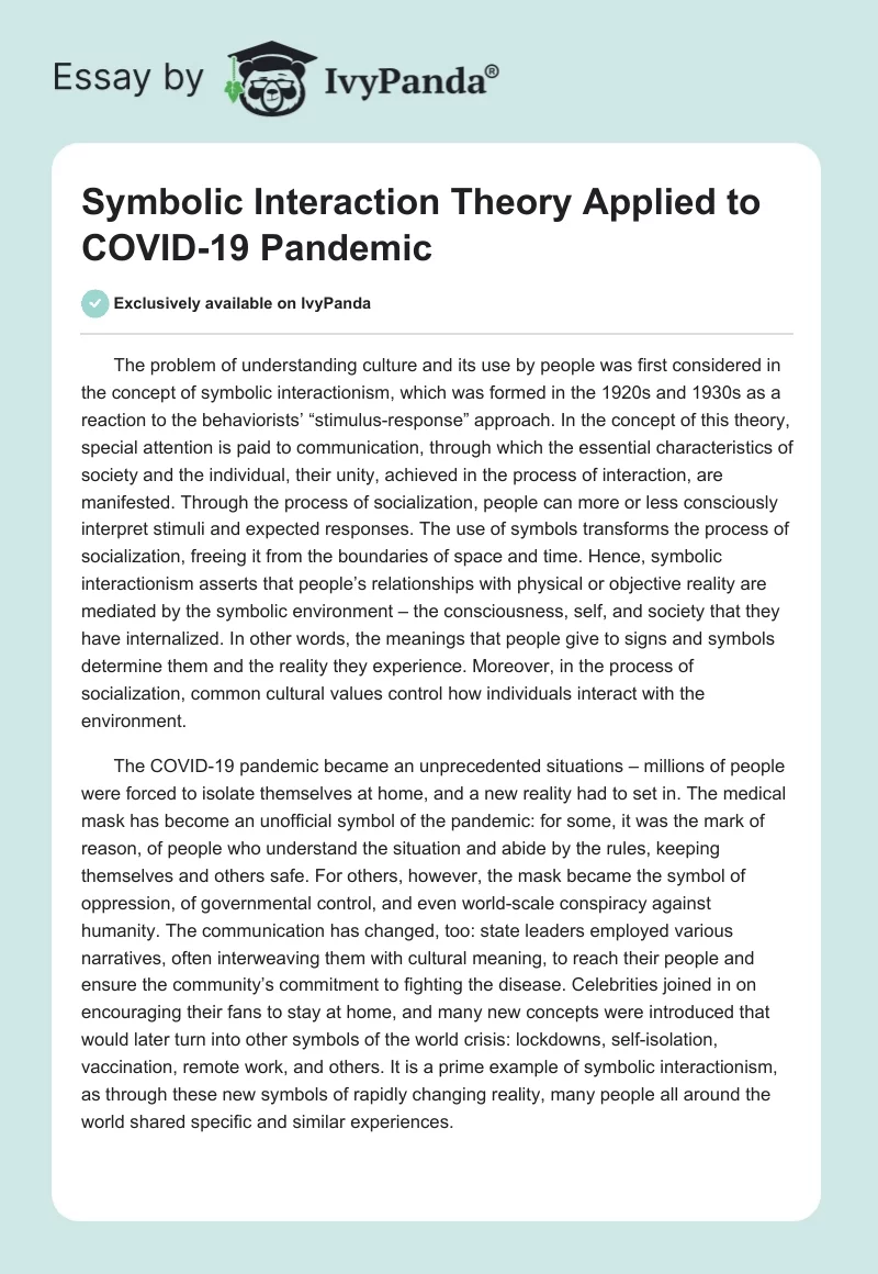 Symbolic Interaction Theory Applied to COVID-19 Pandemic. Page 1
