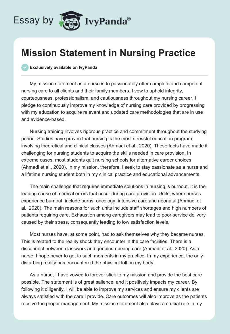 Mission Statement in Nursing Practice. Page 1
