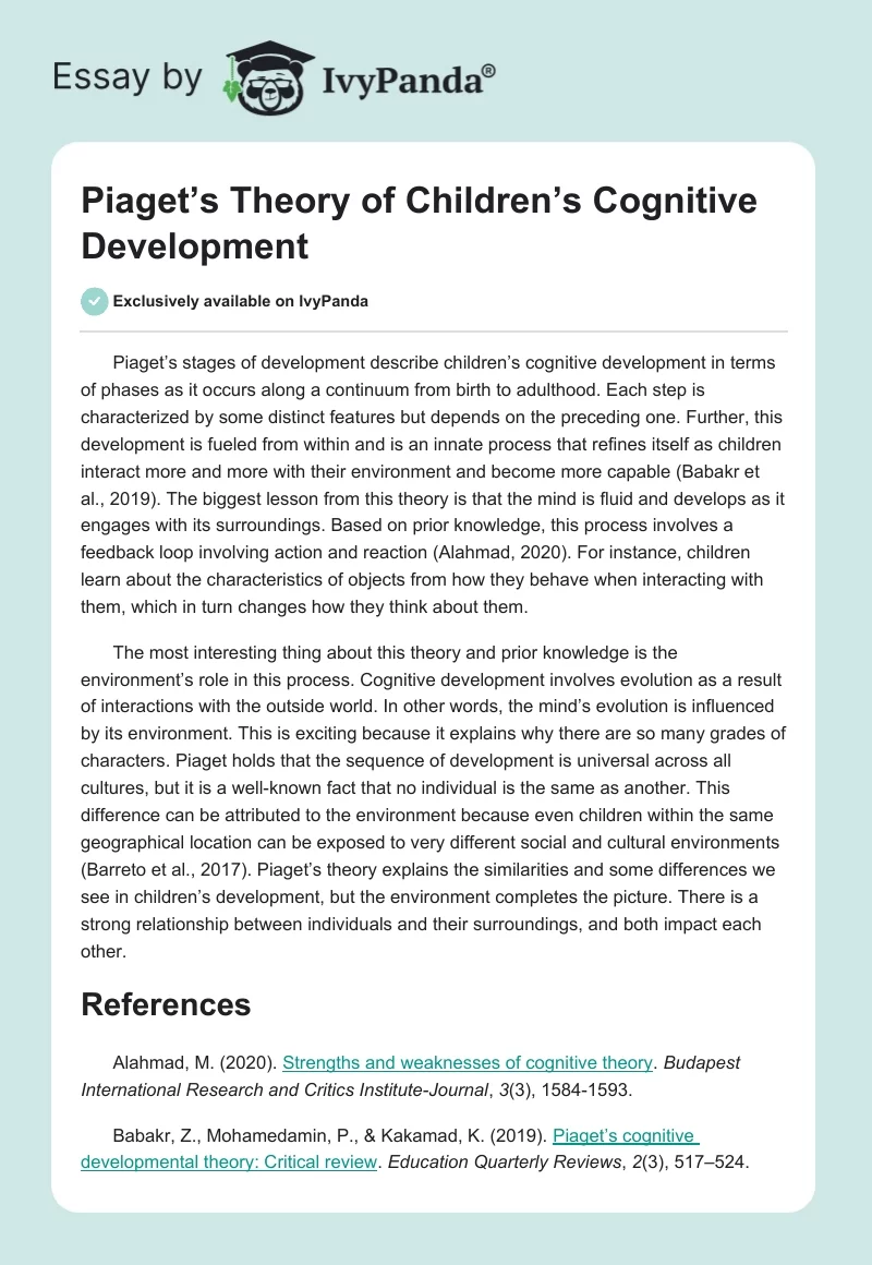 Piaget’s Theory of Children’s Cognitive Development. Page 1