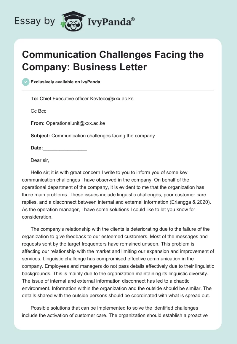Communication Challenges Facing the Company: Business Letter. Page 1
