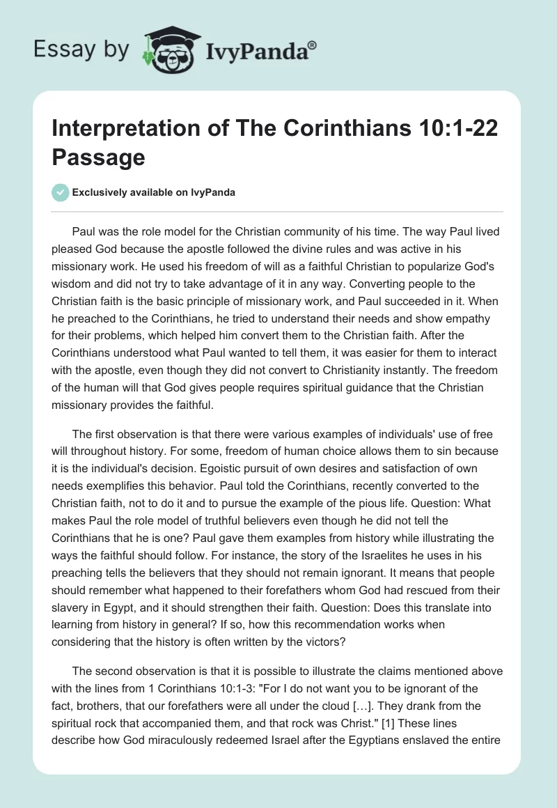 Interpretation of The Corinthians 10:1-22 Passage. Page 1