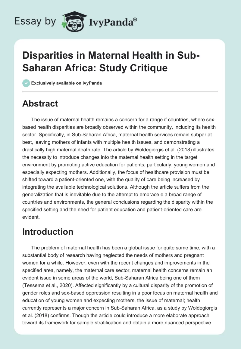 Disparities in Maternal Health in Sub-Saharan Africa: Study Critique. Page 1