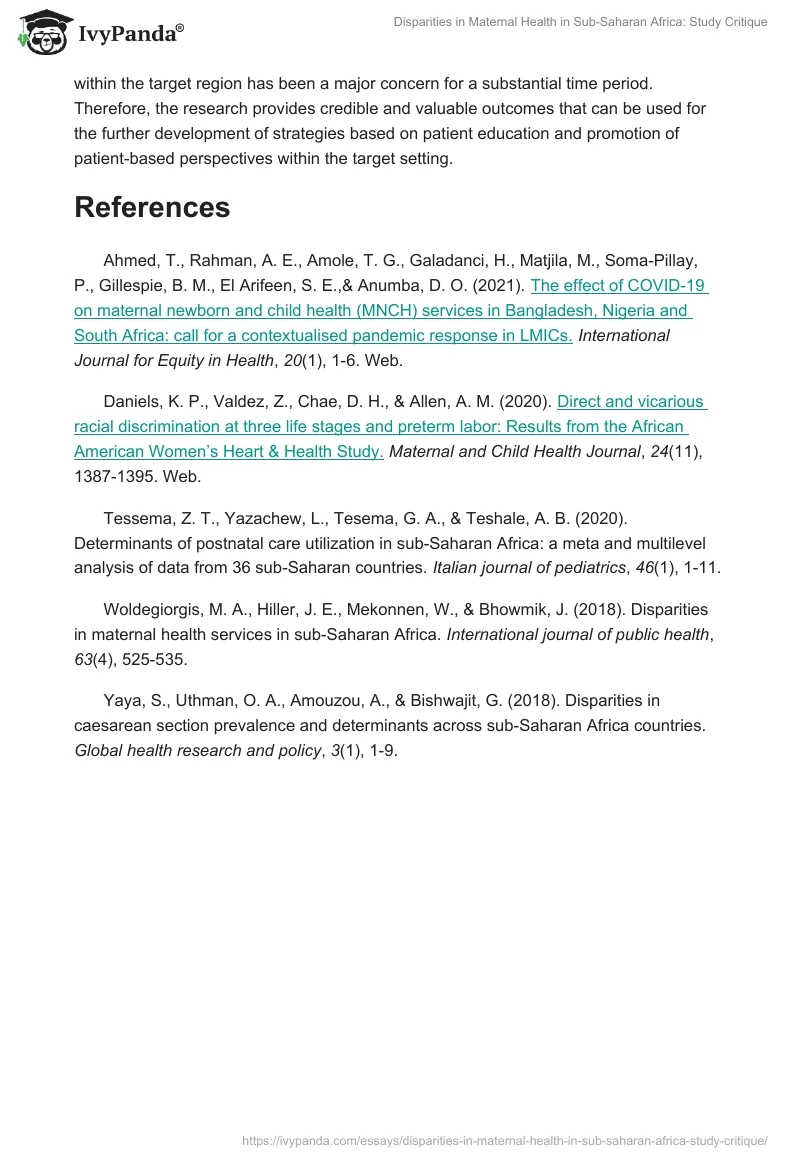 Disparities in Maternal Health in Sub-Saharan Africa: Study Critique. Page 5