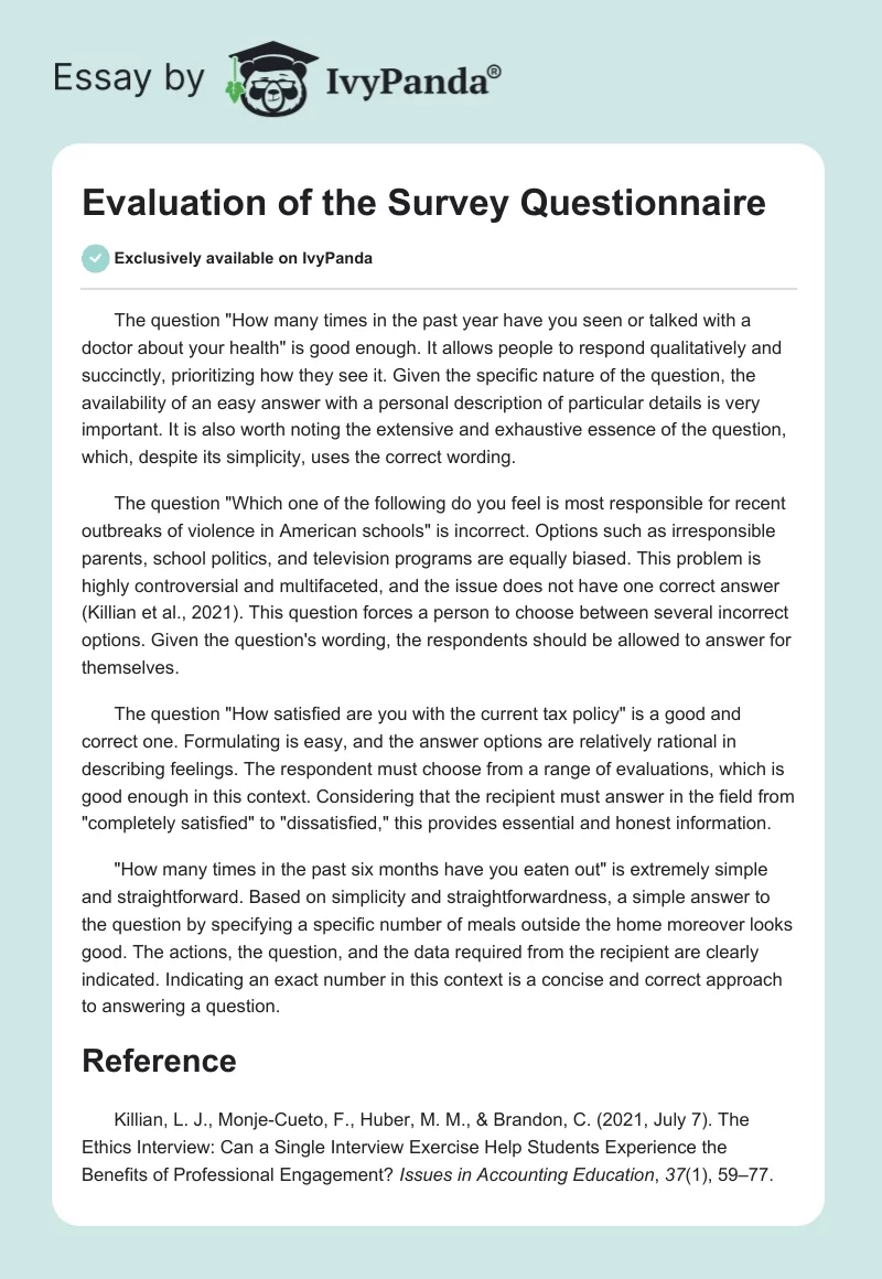 Evaluation of the Survey Questionnaire. Page 1