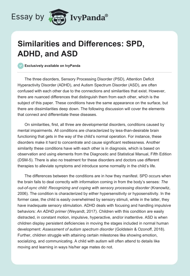 Similarities and Differences: SPD, ADHD, and ASD. Page 1