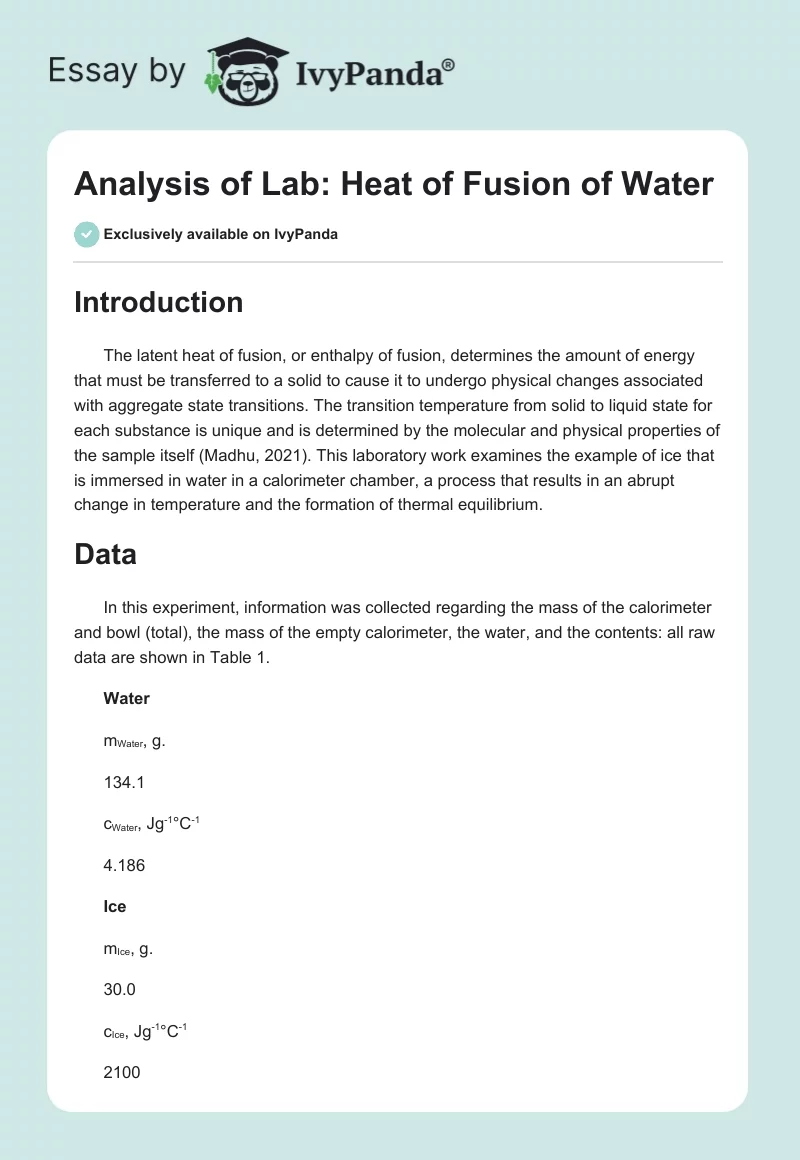 Analysis of Lab: Heat of Fusion of Water. Page 1