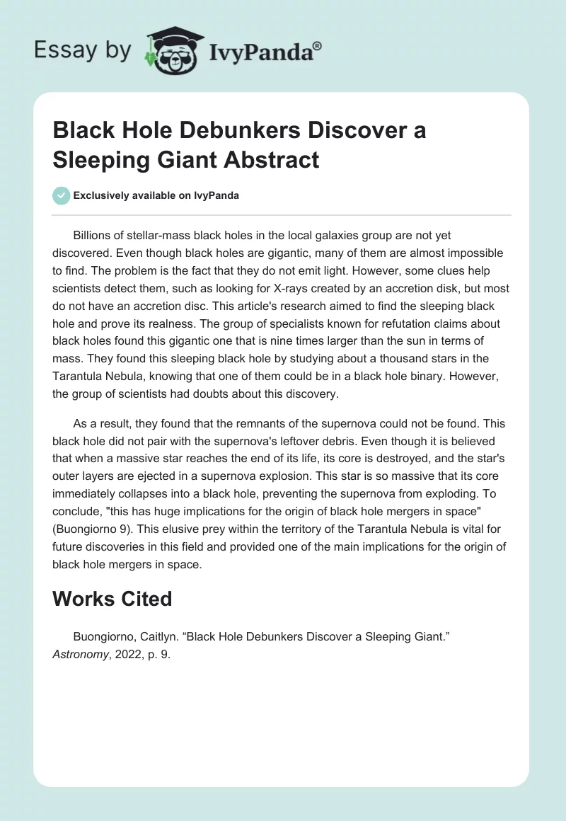 Black Hole Debunkers Discover a Sleeping Giant Abstract. Page 1