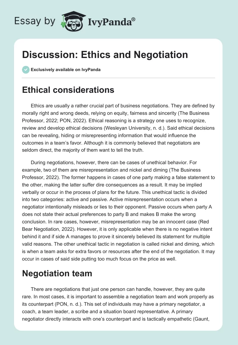 Discussion: Ethics and Negotiation. Page 1