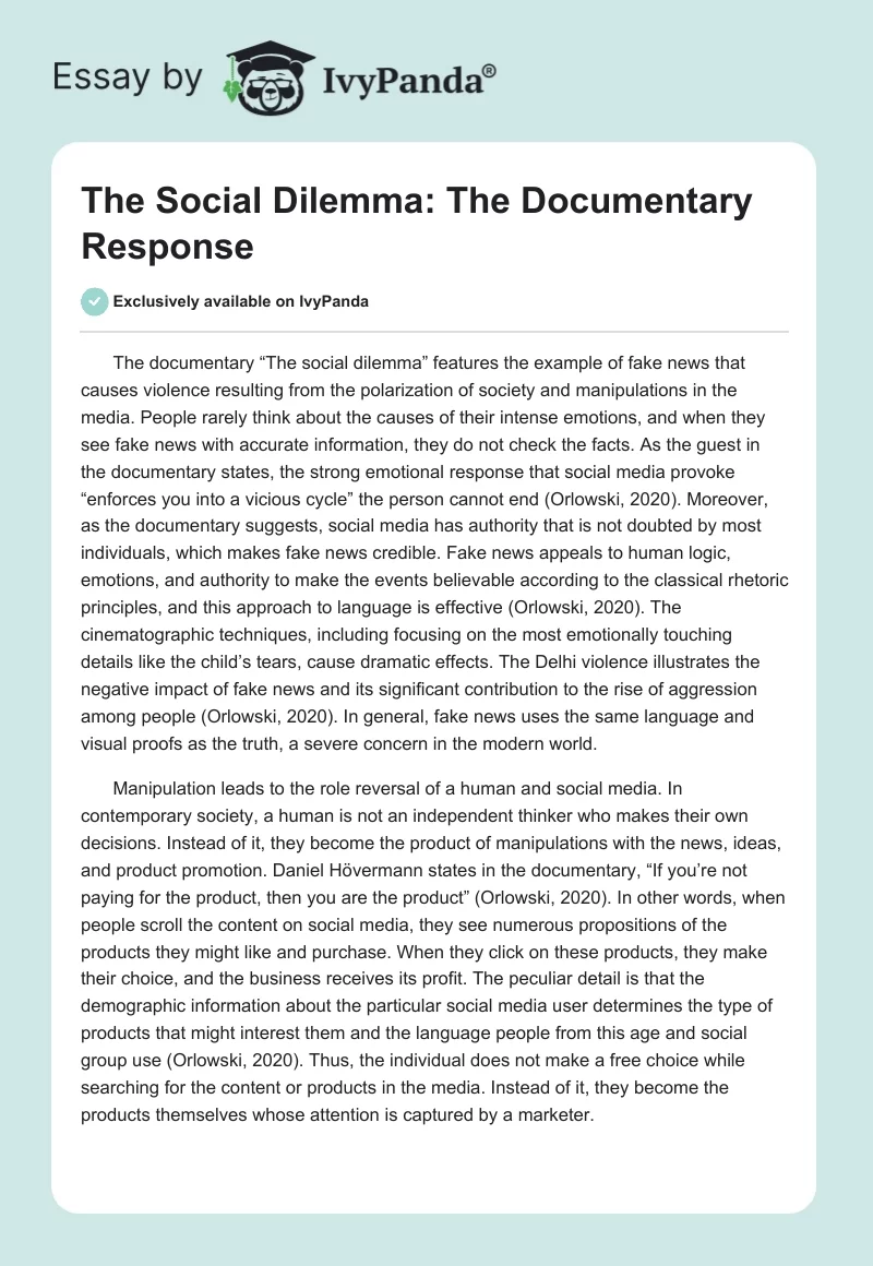 The Social Dilemma: The Documentary Response. Page 1